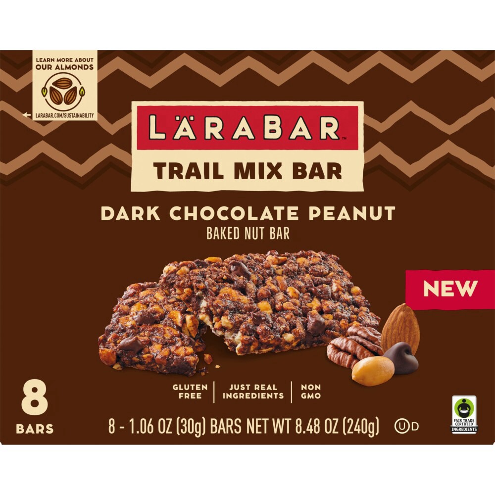 slide 2 of 6, LÄRABAR Trail Mix Bars, Dark Chocolate Peanut, Gluten Free Baked Nut Bar, 8 Count, 8.48 oz, 8 ct