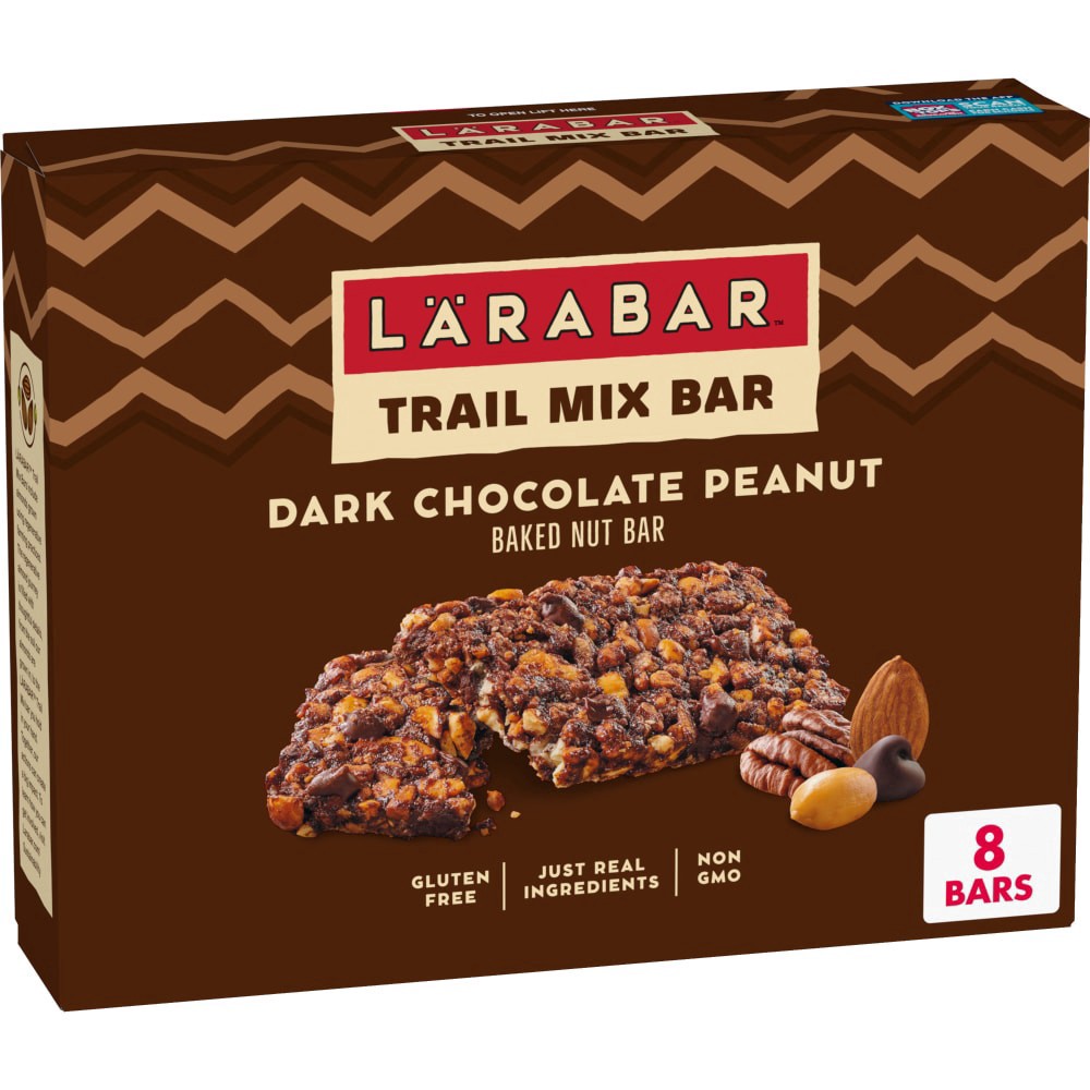slide 1 of 6, LÄRABAR Trail Mix Bars, Dark Chocolate Peanut, Gluten Free Baked Nut Bar, 8 Count, 8.48 oz, 8 ct