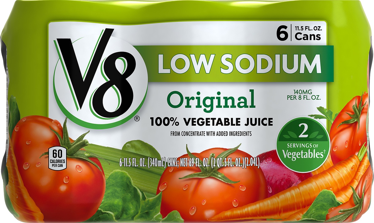 slide 10 of 10, V8 Low Sodium Original 100% Vegetable Juice, 11.5 fl oz Can (6 Pack), 6 ct; 11.5 oz