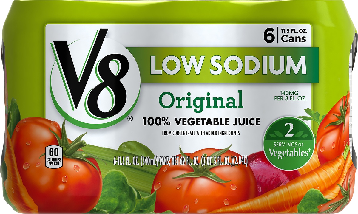 slide 4 of 10, V8 Low Sodium Original 100% Vegetable Juice, 11.5 fl oz Can (6 Pack), 6 ct; 11.5 oz