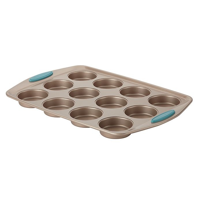 slide 1 of 4, Rachael Ray Cucina Nonstick 12-Cup Bite-Size Baker Pan - Latte Brown/Agave Blue, 1 ct