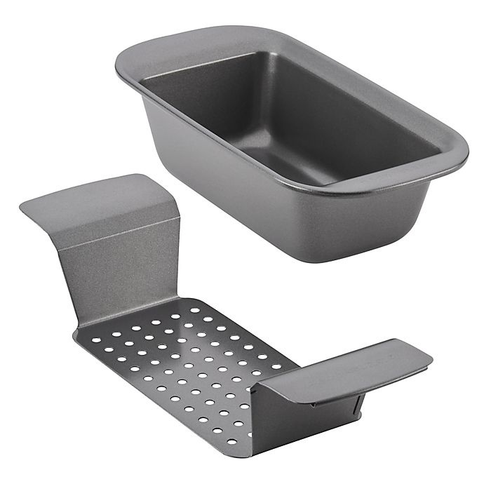 slide 3 of 6, Rachael Ray Meat Loaf Pan with Fat Draining Insert - Grey, 9 in x 5 in