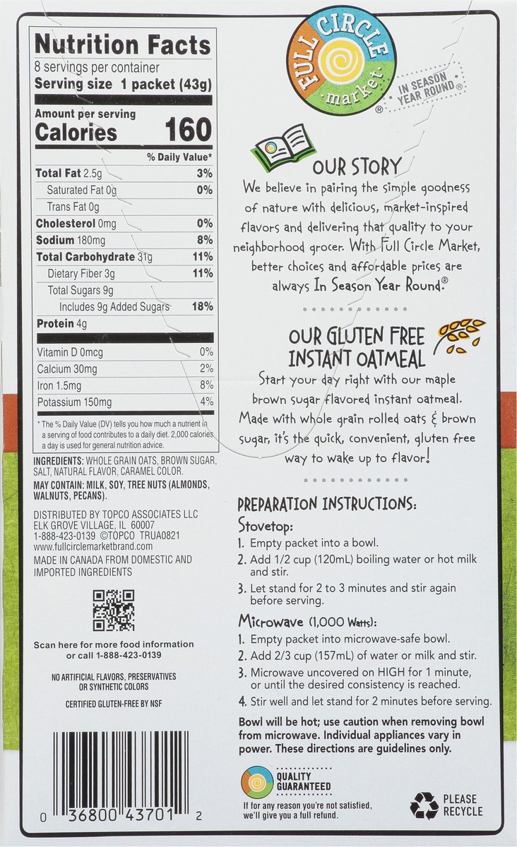 slide 9 of 17, Full Circle Market Gluten Free Maple Brown Sugar Instant Oatmeal 8 ea, 8 ct