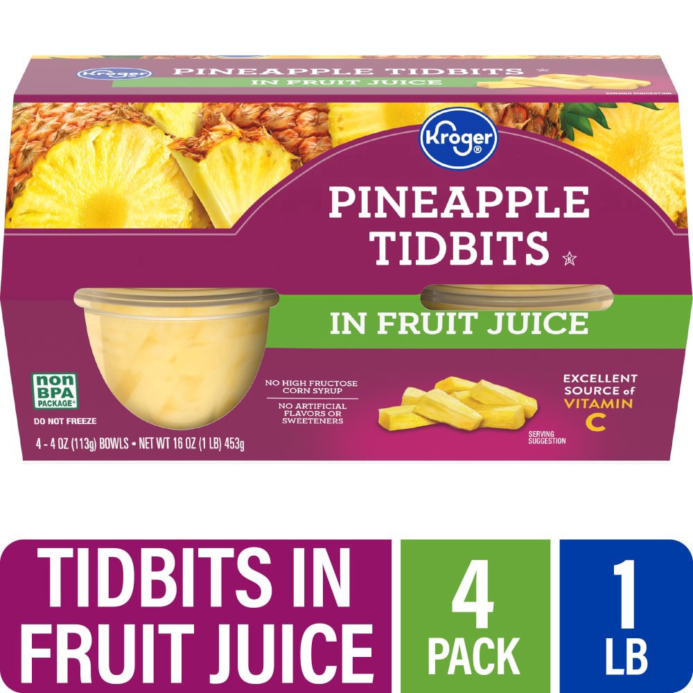 slide 5 of 5, Kroger 100% Juice Pineapple Tidbits Cups 4 Count, 16 oz