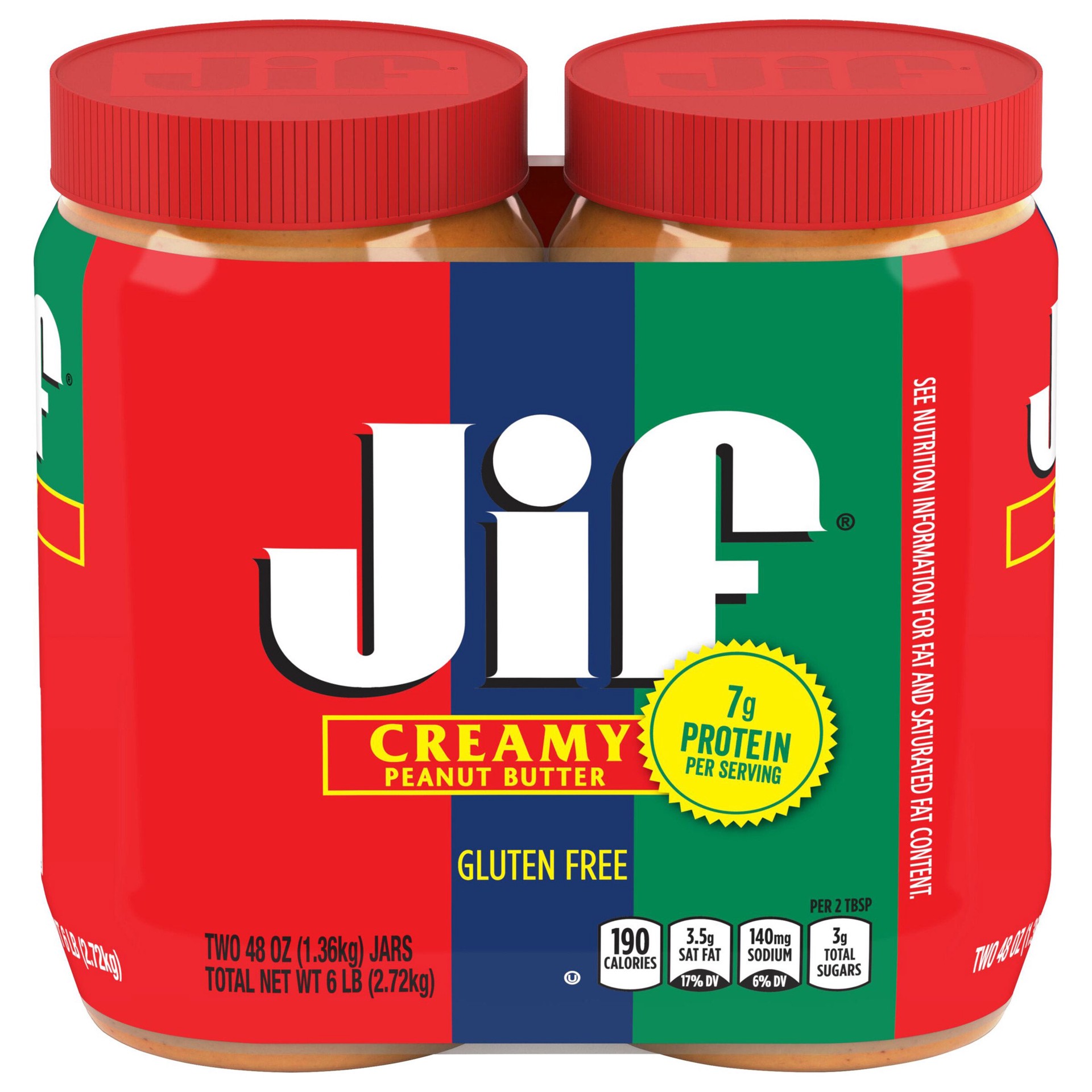 slide 1 of 1, Jif Creamy Peanut Butter 48 oz, 2 Count, 