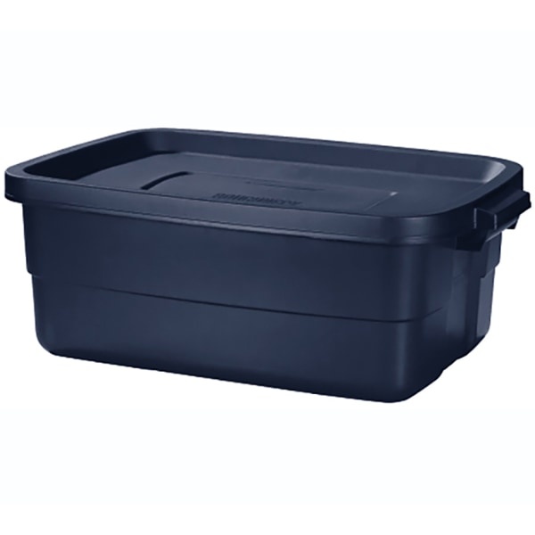 slide 2 of 5, Rubbermaid Roughneck Tote With Lid, 10 Gallons, 8-7/8"H X 15-7/8"W X 23-7/8"D, Dark Indigo Metallic, 1 ct