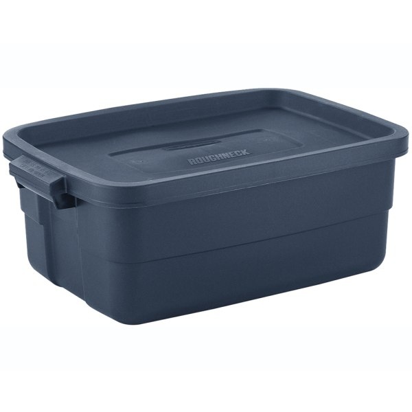 slide 1 of 5, Rubbermaid Roughneck Tote With Lid, 10 Gallons, 8-7/8"H X 15-7/8"W X 23-7/8"D, Dark Indigo Metallic, 1 ct