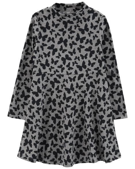 slide 1 of 3, Carters Kid Butterfly Print Mock Neck Long-Sleeve Dress Black 12, 1 ct