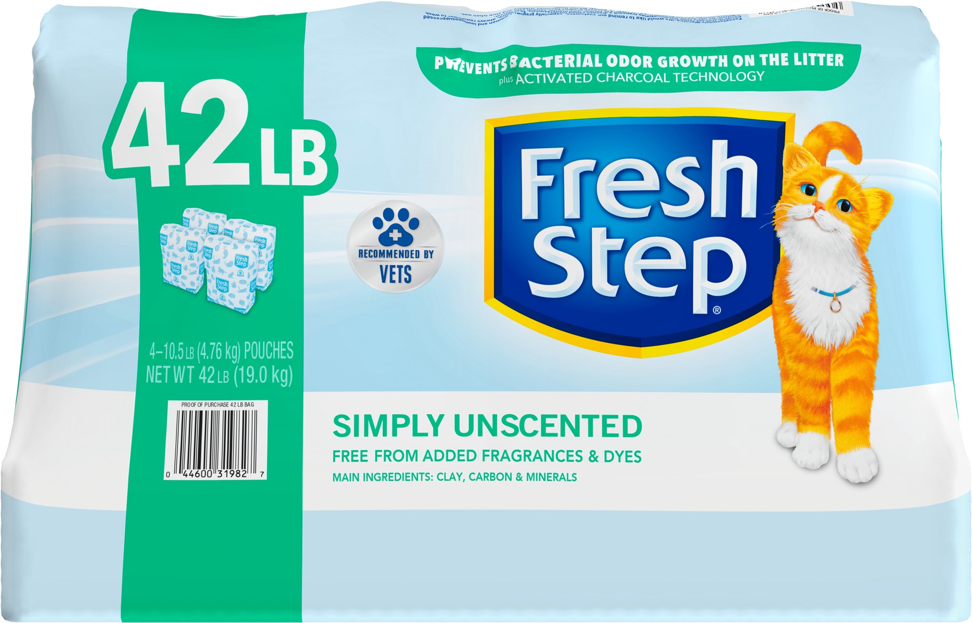 slide 5 of 5, Fresh Step Simply Unscented Clumping Litter, Fresh Step Unscented Cat Litter With Activated Charcoal Technology, 42 lbs. (4 x 10.5 lb. Bag), 42 lb