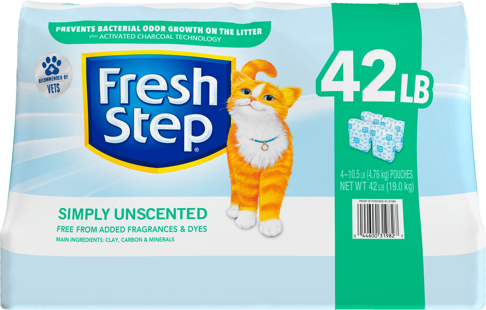 slide 1 of 5, Fresh Step Simply Unscented Clumping Litter, Fresh Step Unscented Cat Litter With Activated Charcoal Technology, 42 lbs. (4 x 10.5 lb. Bag), 42 lb