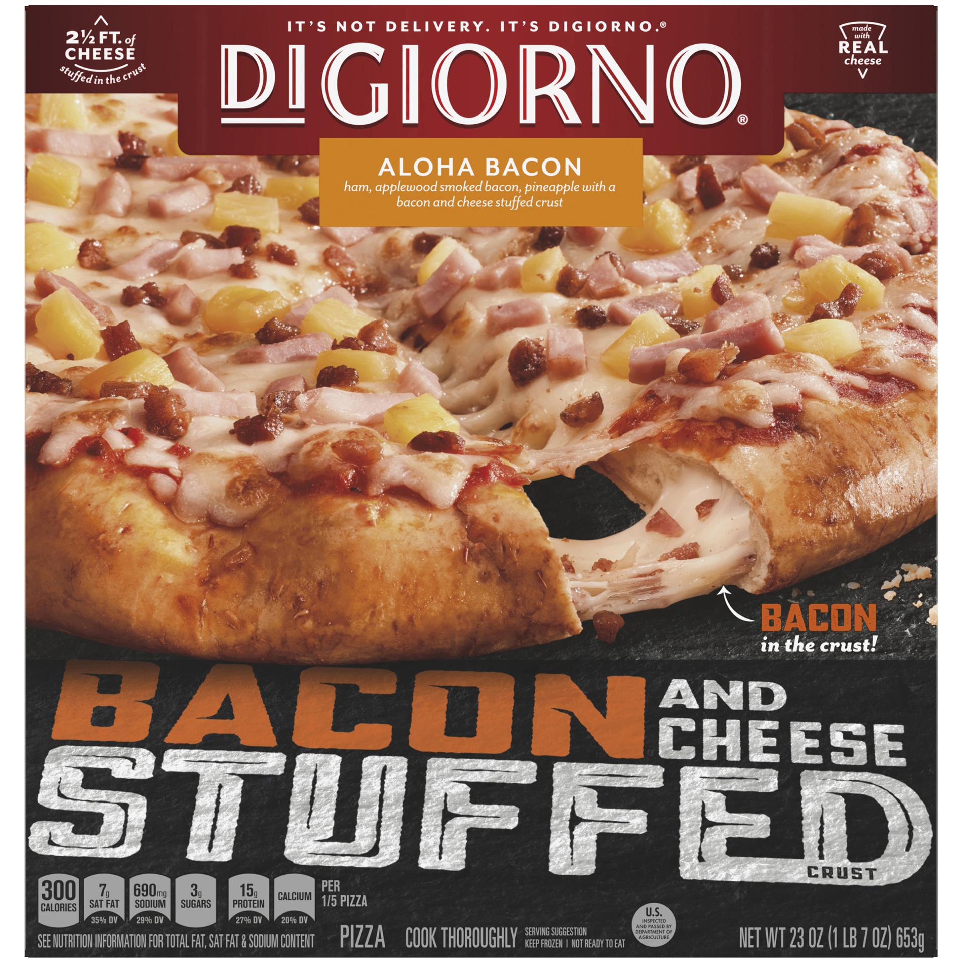 slide 1 of 10, DiGiorno Bacon & Cheese Stuffed Crust Aloha Bacon Pizza, 24.5 oz