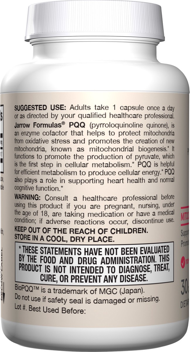 slide 4 of 5, Jarrow Formulas PQQ 10 mg - 30 Capsules - Promotes Mitochondrial Biogenesis - Dietary Supplement Supports Heart & Brain Health - 30 Servings , 30 ct