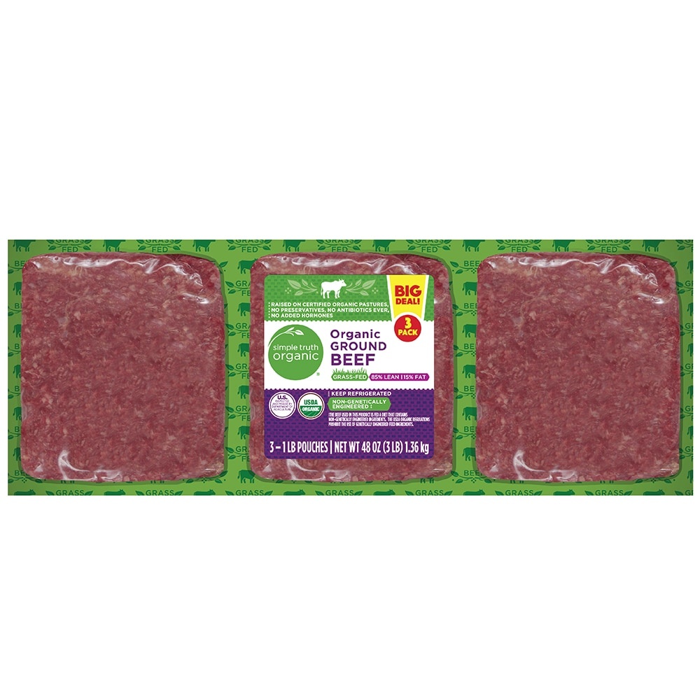 slide 1 of 2, Simple Truth Organic Grass Fed Ground Beef, 3 ct; 1 lb