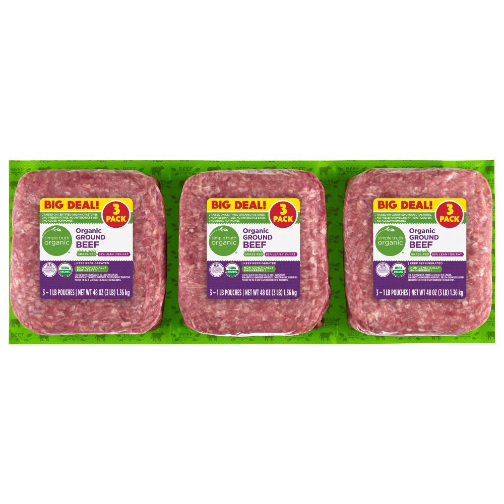 slide 1 of 4, Simple Truth Organic Grass Fed Ground Beef, 3 ct; 1 lb