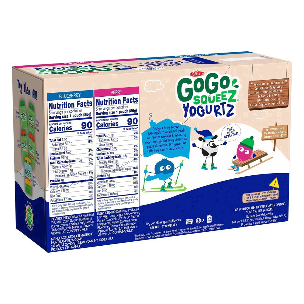 slide 4 of 41, GoGo squeeZ YogurtZ Variety Pack, Blueberry and Berry Made with 100% Real Milk, 3 oz Pouches (10 Pack), 10 ct