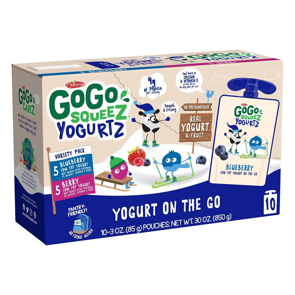 slide 6 of 41, GoGo squeeZ YogurtZ Variety Pack, Blueberry and Berry Made with 100% Real Milk, 3 oz Pouches (10 Pack), 10 ct