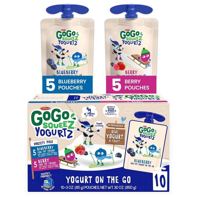 slide 1 of 41, GoGo squeeZ YogurtZ Variety Pack, Blueberry and Berry Made with 100% Real Milk, 3 oz Pouches (10 Pack), 10 ct