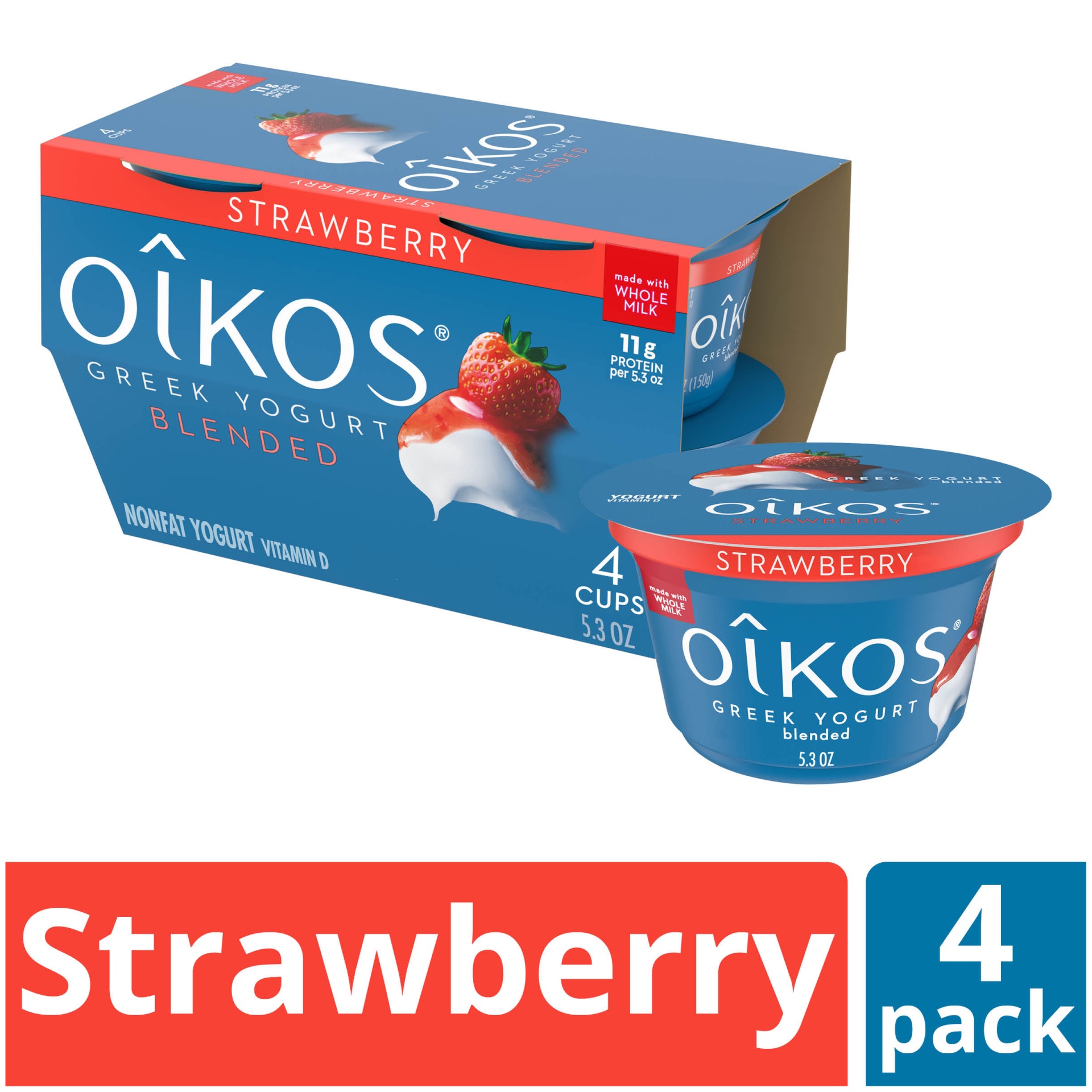slide 1 of 5, Dannon Oikos Strawberry Blended Whole Milk Greek Yogurt, 4 ct; 5.3 oz