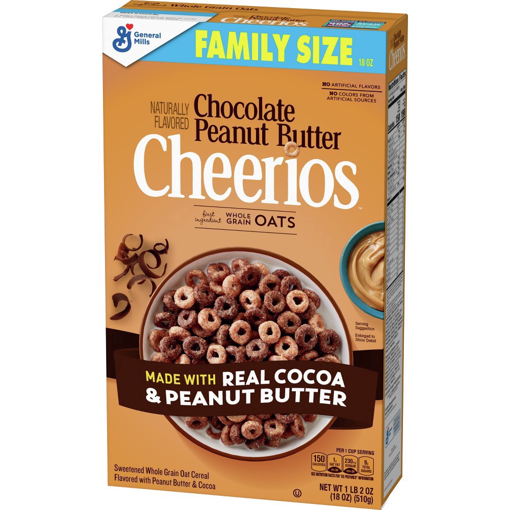 slide 8 of 10, Cheerios Chocolate Peanut Butter Cheerios Breakfast Cereal, Family Size, 18 OZ, 18 oz