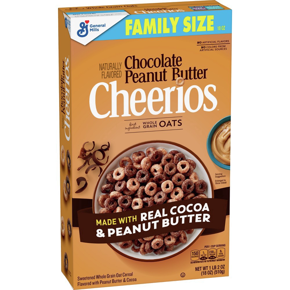 slide 5 of 10, Cheerios Chocolate Peanut Butter Cheerios Breakfast Cereal, Family Size, 18 OZ, 18 oz