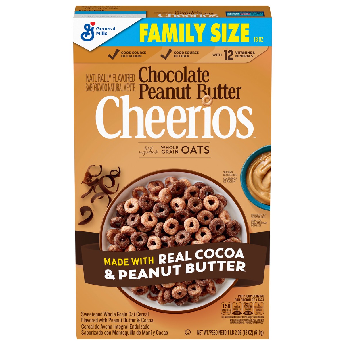 slide 1 of 10, Cheerios Chocolate Peanut Butter Cheerios Breakfast Cereal, Family Size, 18 OZ, 18 oz