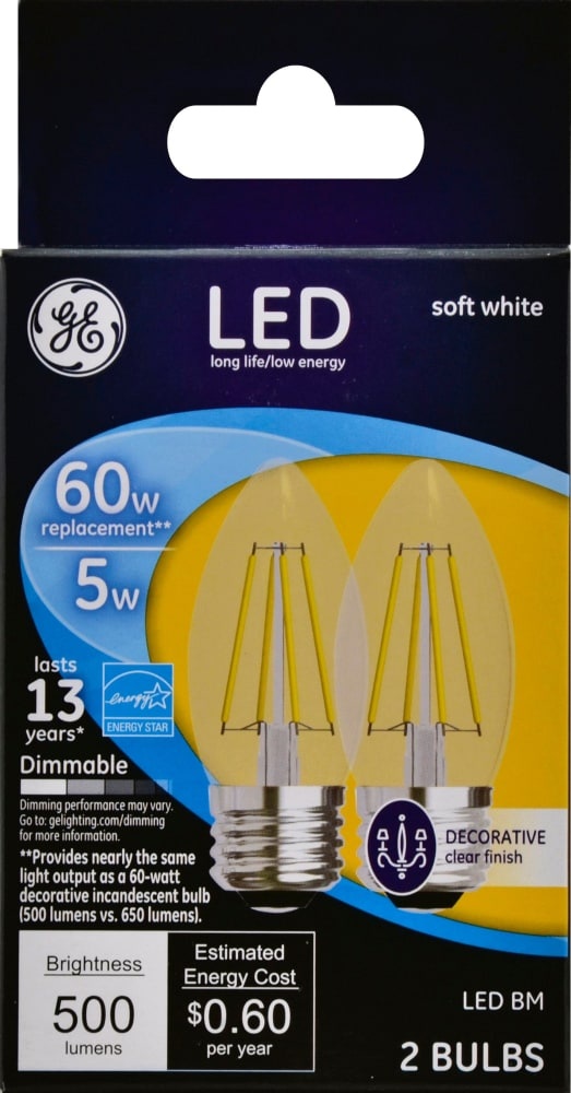 slide 1 of 1, GE Soft White 60W Replacement LED Light Bulbs Decorative Blunt Tip Candelabra Base BM ), 2 ct