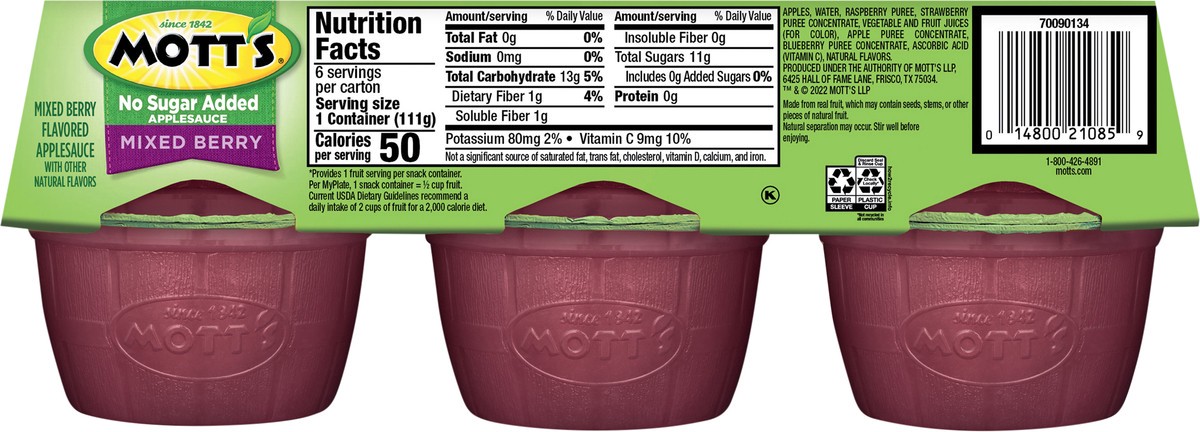 slide 2 of 7, Mott's No Sugar Added Mixed Berry Applesauce, 3.9 oz cups, 6 count, 6 ct; 3.9 oz