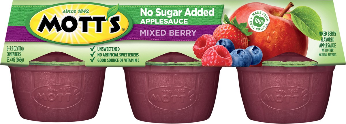 slide 4 of 7, Mott's No Sugar Added Mixed Berry Applesauce, 3.9 oz cups, 6 count, 6 ct; 3.9 oz