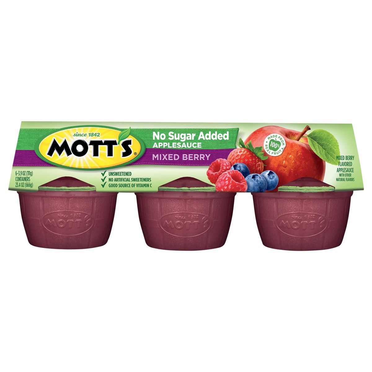 slide 1 of 7, Mott's No Sugar Added Mixed Berry Applesauce, 3.9 oz cups, 6 count, 6 ct; 3.9 oz