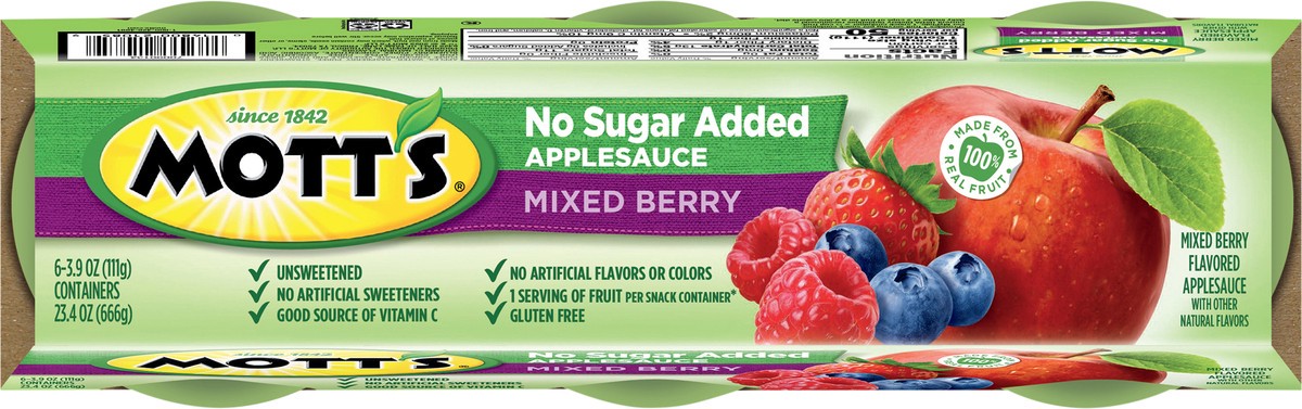 slide 7 of 7, Mott's No Sugar Added Mixed Berry Applesauce, 3.9 oz cups, 6 count, 6 ct; 3.9 oz