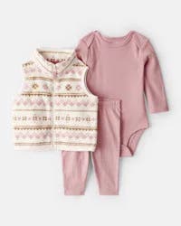 Carter's Baby Girl 3-Piece Fair Isle Sherpa Vest Outfit Set - Pink Pink 12M
