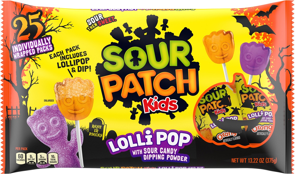 slide 1 of 9, SOUR PATCH KIDS Orange & Purple Halloween Candy Lollipops with Sour Candy Dipping Powder, 25 Lollipops, 0.83 lb
