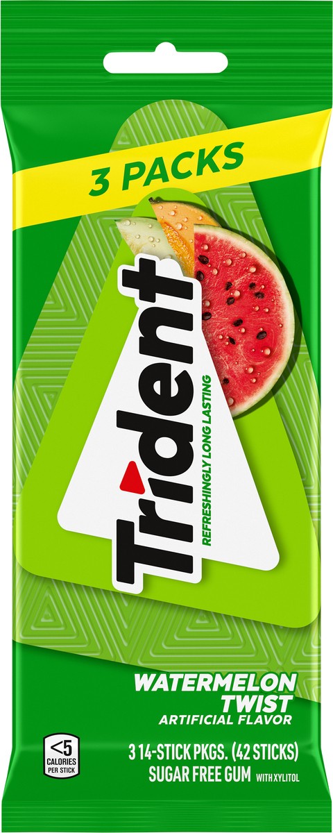 slide 9 of 9, Trident Watermelon Twist Sugar Free Gum, 3 Packs of 14 Pieces (42 Total Pieces), 2.81 oz