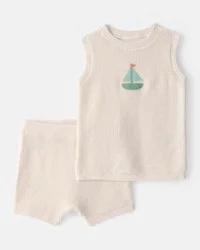 Carters Baby 2-Piece Sailboat Crochet Top & Short Set - Cream Beige/Cream 3M