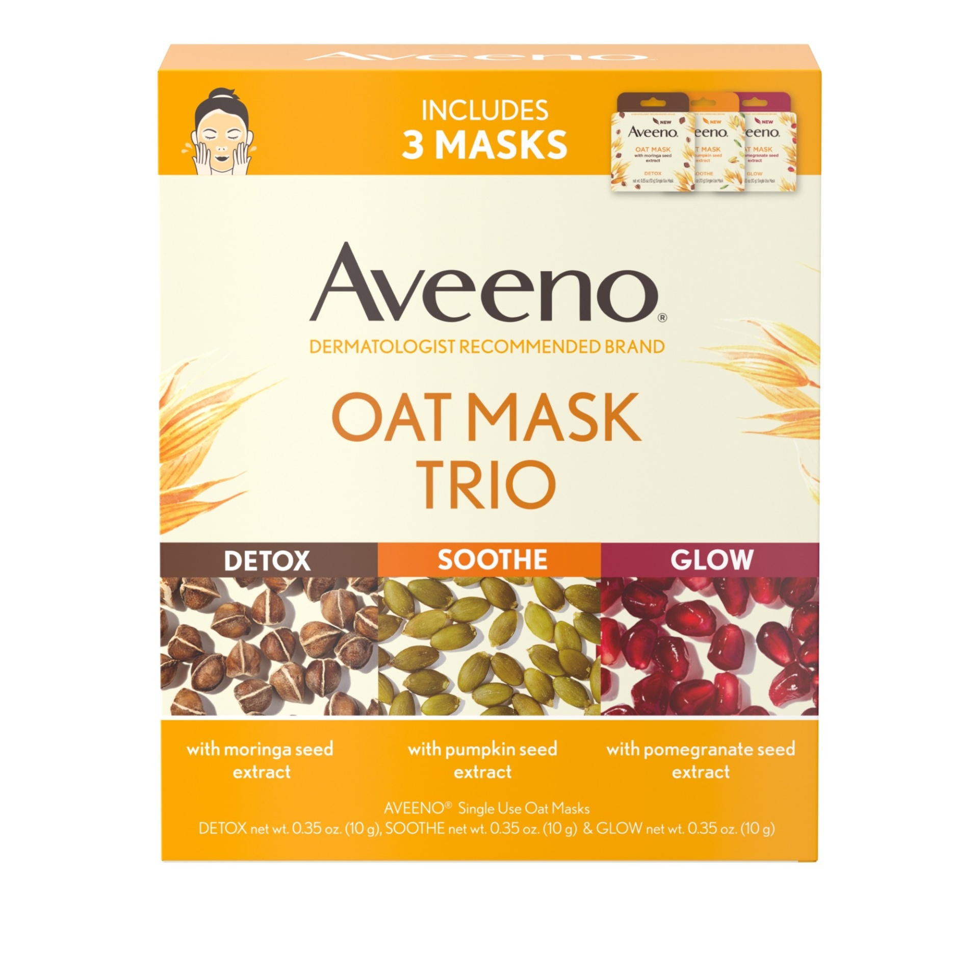 slide 1 of 1, Aveeno Facial Oat Mask Trio, Detoxifying Moringa Seed, Skin Soothing Pumpkin Seed & Skin Glowing Pomegranate Seed Single-Use Oat Face Mask Variety Pack, Paraben- & Phthalate-Free, 3-pack, 1 ct