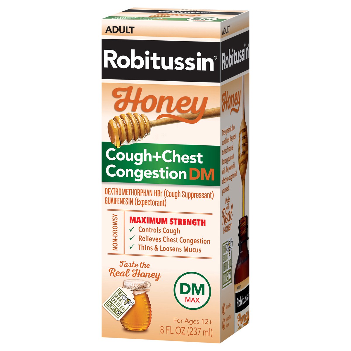 slide 3 of 9, Robitussin Maximum Strength Honey Cough + Chest Congestion DM, Cough Medicine for Cough and Chest Congestion Relief Made with Real Honey - 8 Fl Oz Bottle, 8 fl oz