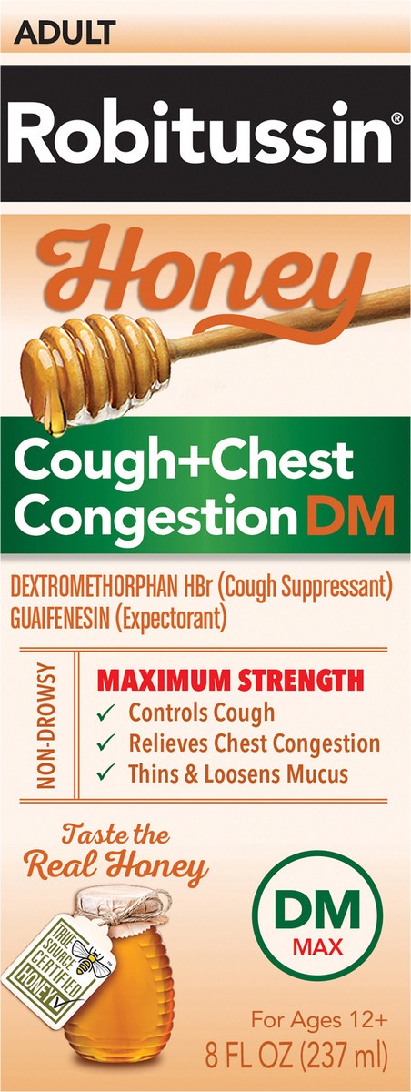 slide 6 of 9, Robitussin Maximum Strength Honey Cough + Chest Congestion DM, Cough Medicine for Cough and Chest Congestion Relief Made with Real Honey - 8 Fl Oz Bottle, 8 fl oz