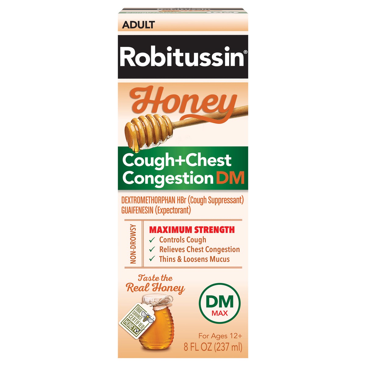 slide 1 of 9, Robitussin Maximum Strength Honey Cough + Chest Congestion DM, Cough Medicine for Cough and Chest Congestion Relief Made with Real Honey - 8 Fl Oz Bottle, 8 fl oz
