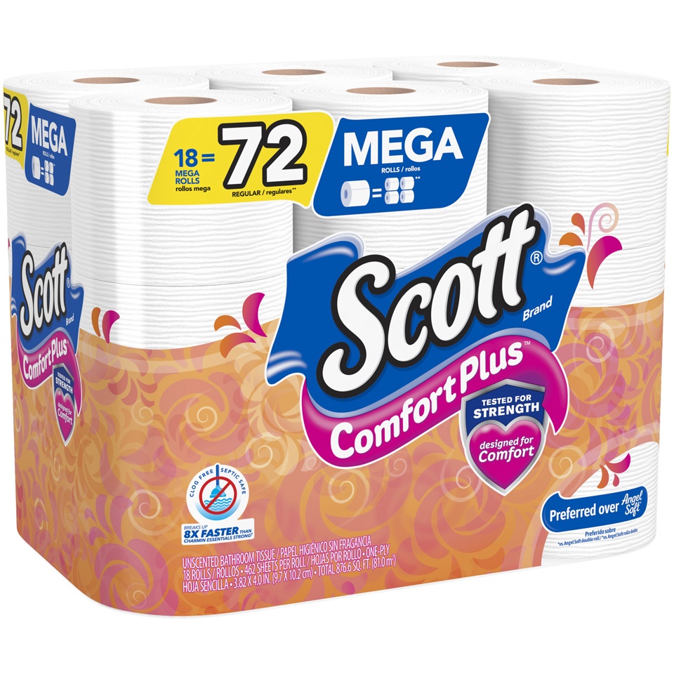 slide 2 of 3, Scott Comfort Plus One-Ply Mega Rolls Unscented Bathroom Tissue 18 ct, 18 ct