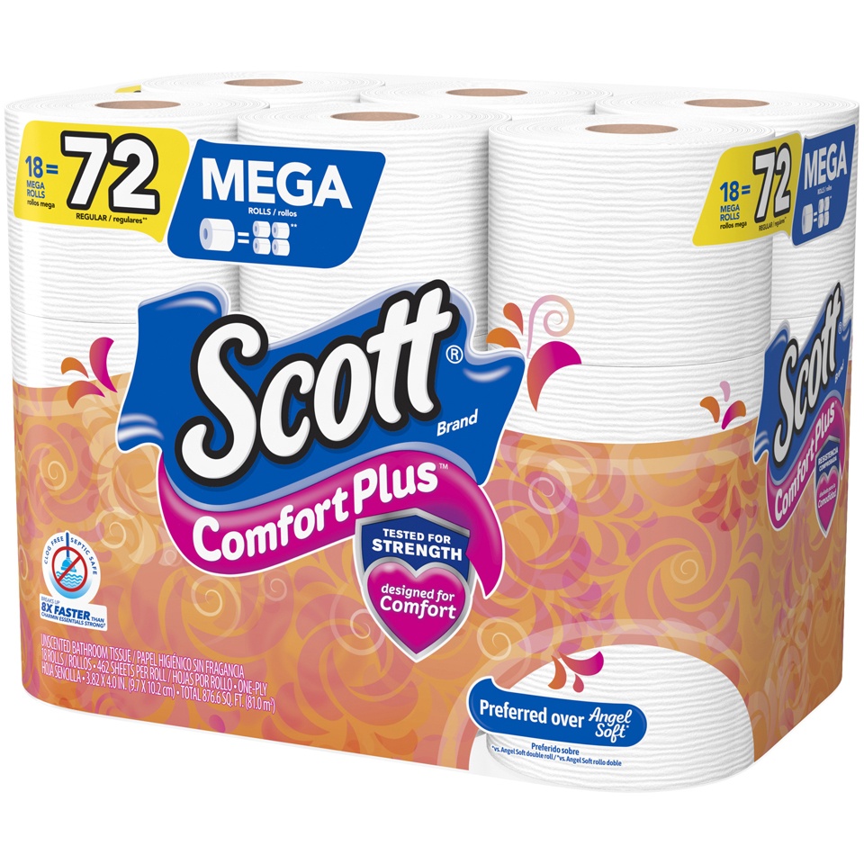 slide 3 of 3, Scott Comfort Plus One-Ply Mega Rolls Unscented Bathroom Tissue 18 ct, 18 ct