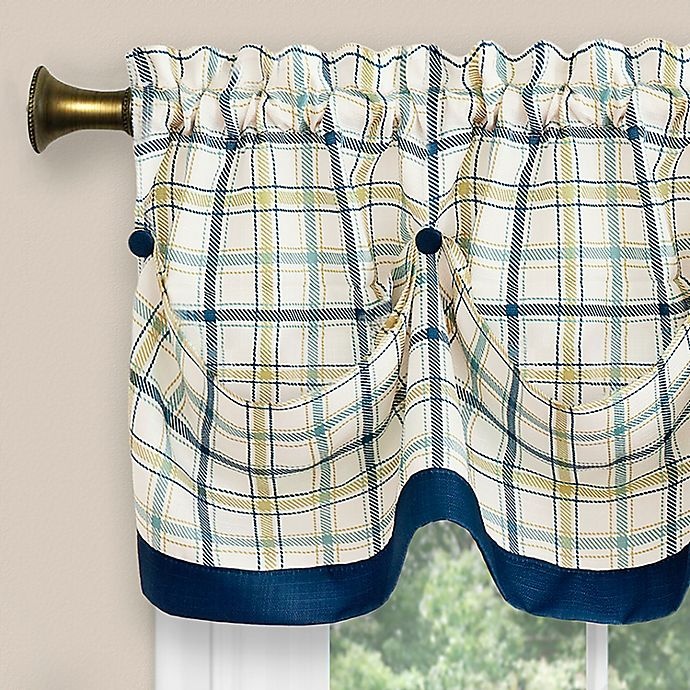 slide 3 of 3, Tattersall Kitchen Window Curtain Tier Pair & Valance Set - Navy, 36 in