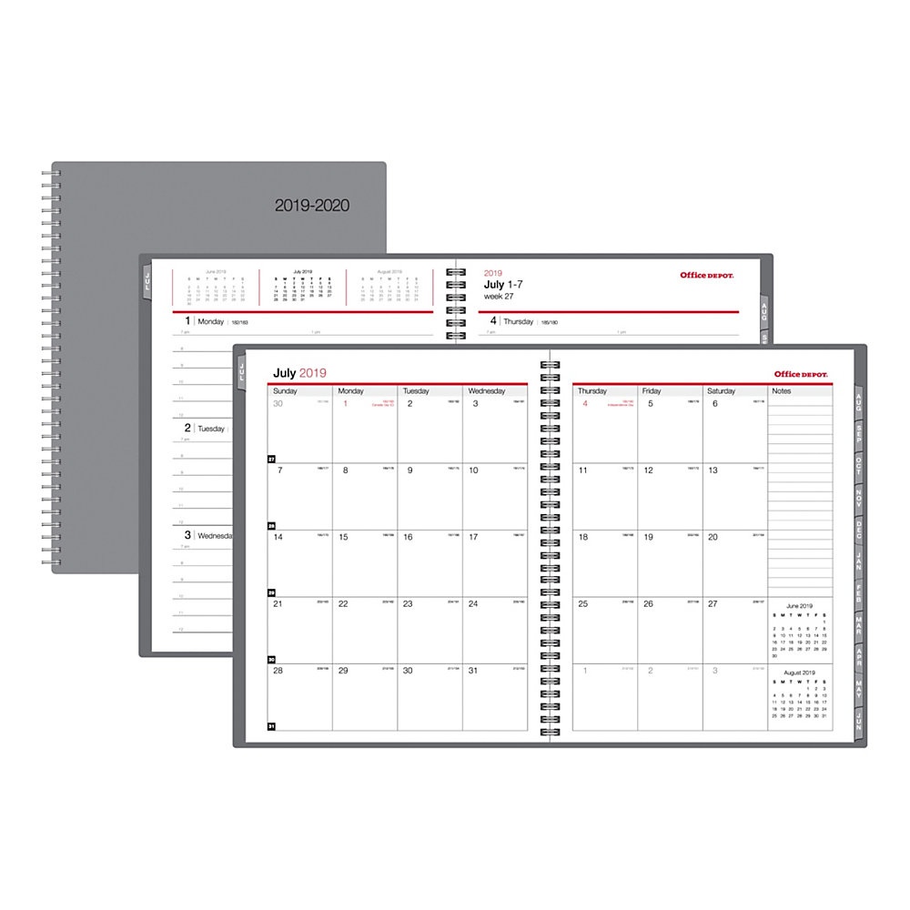 slide 1 of 1, Office Depot Brand Weekly/Monthly Academic Planner, 8-1/2'' X 11'', 30% Recycled, Gray, July 2019 To June 2020, 1 ct