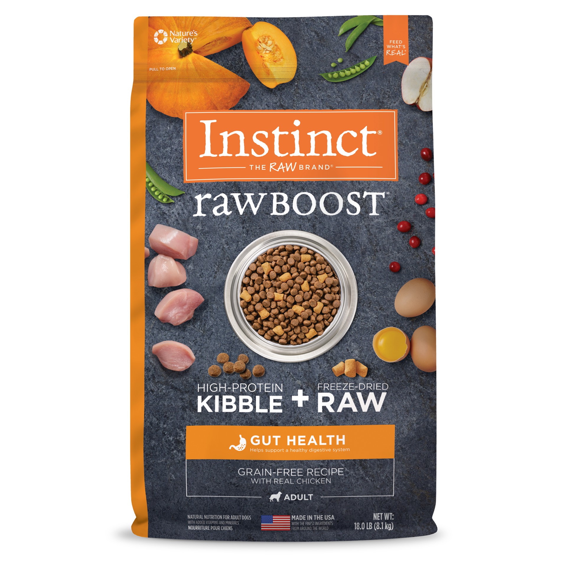 slide 1 of 7, Instinct Raw Boost Gut Health Chicken Dry Dog Food, 18 lb. Bag, 18 lb