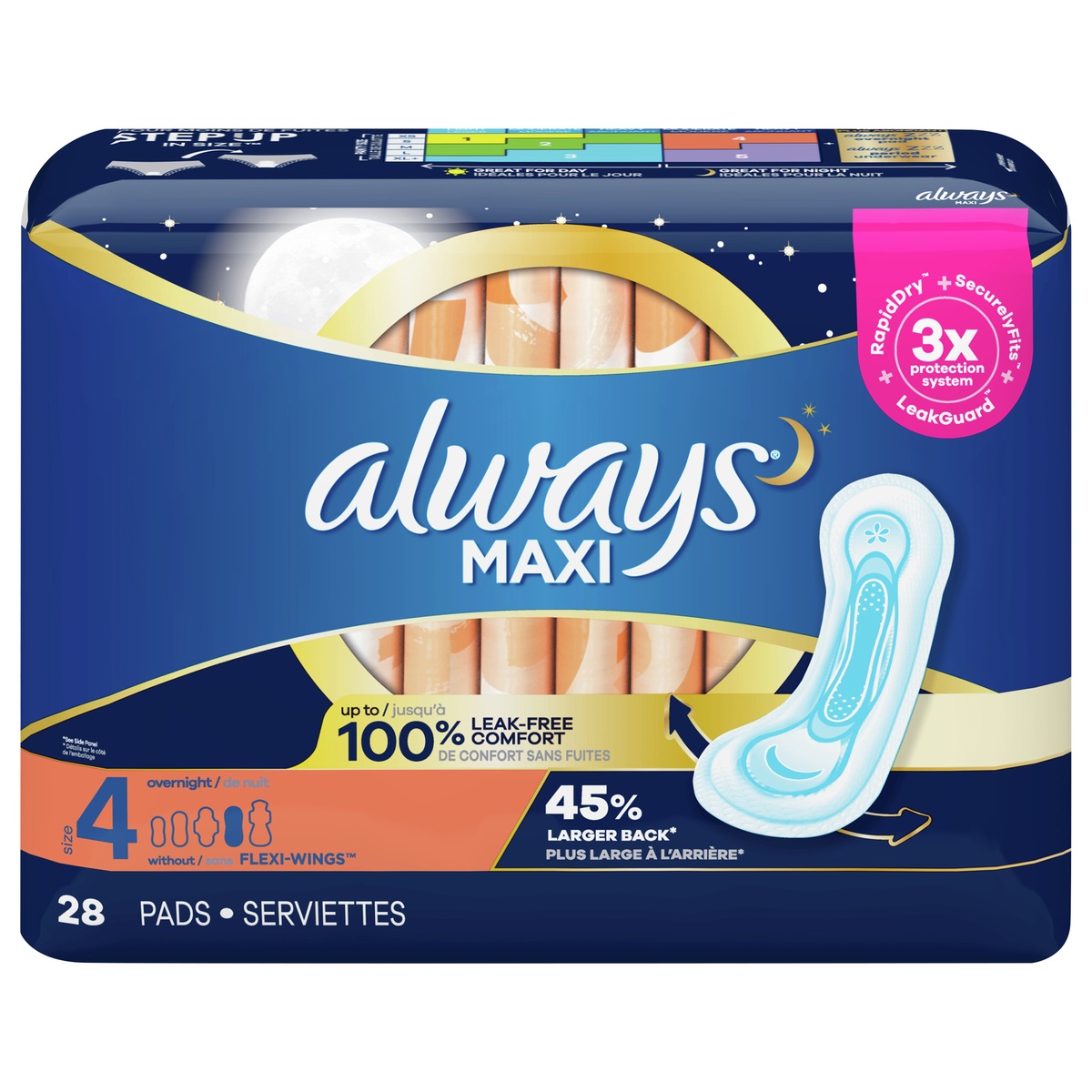 slide 1 of 8, Always Maxi Overnight Pads with Wings, Size 4, Overnight, Unscented, 28 Count, 28 ct