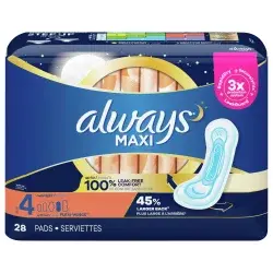 Always Maxi Overnight Pads with Wings, Size 4, Overnight, Unscented, 28 Count
