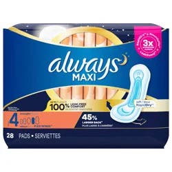 Always Maxi Overnight Pads without Wings for Women, Size 4, Overnight Absorbency, Unscented 28 Count