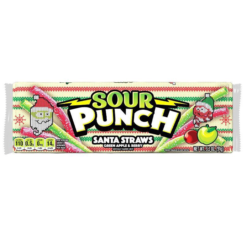 slide 1 of 7, Sour Punch Santa Straws Holiday Candy, 3.2oz Tray, 3.7 oz
