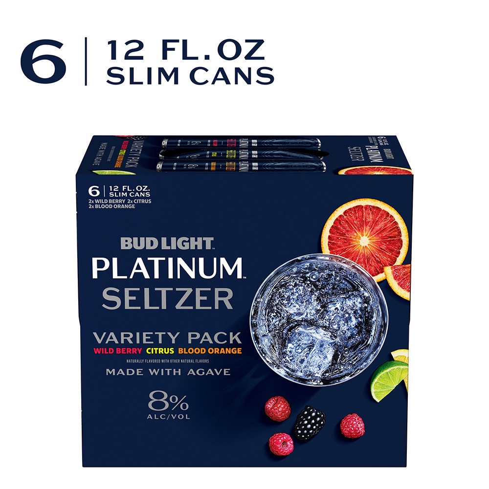 slide 2 of 9, Bud Light Platinum Seltzer Variety Pack, Hard Seltzer, Gluten Free, 6 Pack, 12 FL OZ Slim Cans, 6 ct