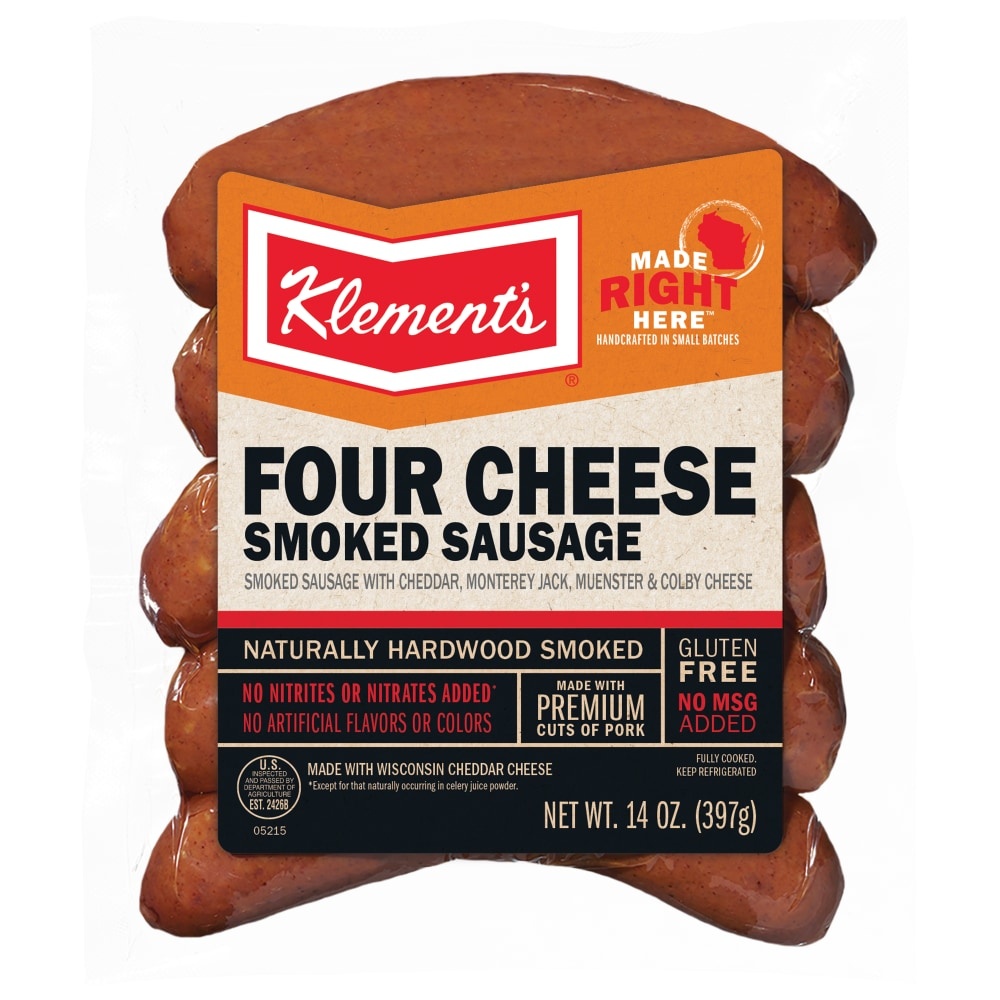 slide 1 of 1, Klement's Klements Four Cheese Smoked Sausage, 14 oz