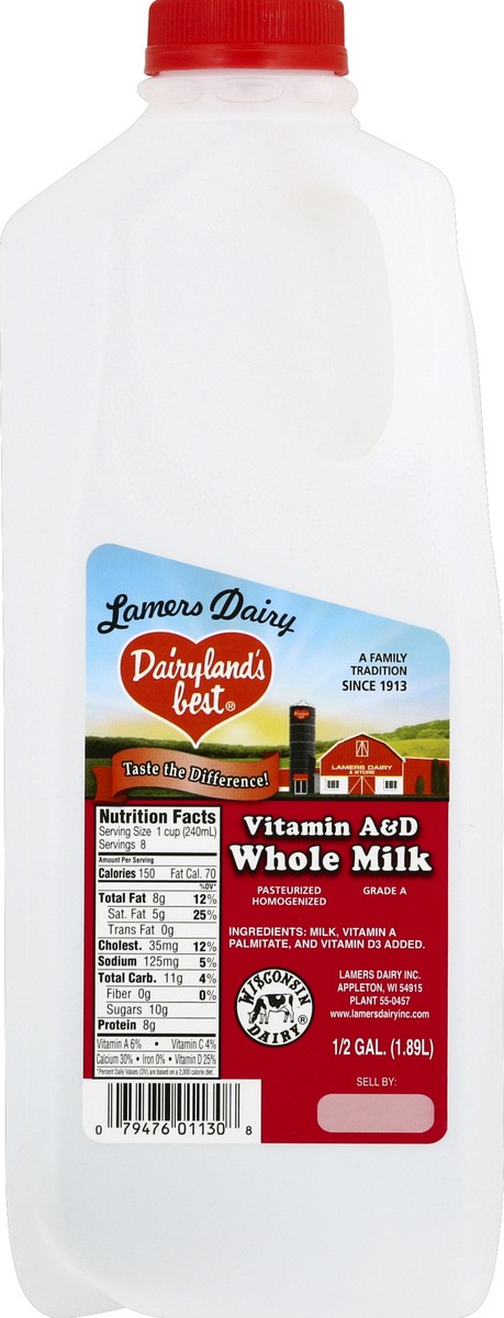 slide 3 of 6, Dairylands Best Milk, Vitamin A & D, Whole, 1/2 gal